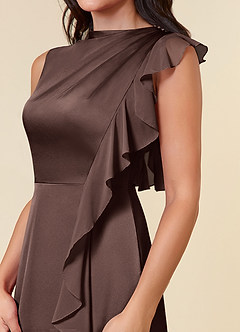 Azazie Narine Mother of the Bride Dresses Ganache A-Line High Neckline Pleated Stretch Satin Dress image4