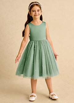 Azazie Bell vestidos de niña de las flores Vestido de Matcha de Tul de Princesa con Lazo image4