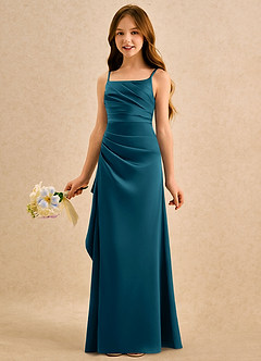 Azazie Cannoli Girls Formal Flower Girl Dresses Ink Blue A-Line Pleated Stretch Satin Dress image4