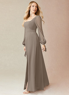 Azazie Leonia Bridesmaid Dresses Taupe A-Line Long Sleeve Chiffon Dress image8