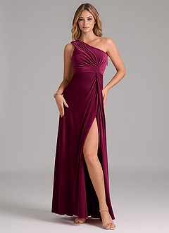 Azazie Brooke Vestidos de damas de honor Vestido de Cabernet de terciopelo de Corte en A con Hombro unilateral image1