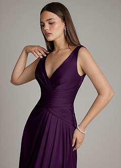 Azazie Pauline Bridesmaid Dresses Grape A-Line Pleated Stretch Satin Dress image3
