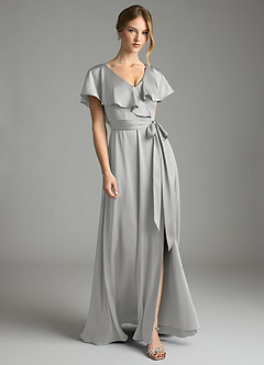 Azazie Lainey Bridesmaid Dresses Silver A-Line with Pockets Stretch Satin Dress image4