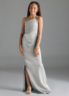 Azazie Eren Junior Silver Sheath Pleated Stretch Satin Dress image4