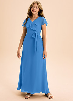 Azazie Lainey Junior Abito A-Line in Chiffon Con Tasche Blue Jay image4