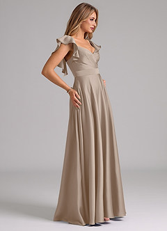 Azazie Leilani Vestidos de damas de honor Vestido Gris Pardo de Satén Elástico de Línea A con Drapeado image6