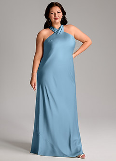 Azazie Doretta Bridesmaid Dresses Steel Blue Mermaid Pleated Stretch Satin Dress image9