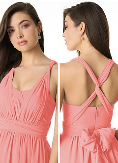 Azazie Olani Bridesmaid Dresses Coral A-Line Off the Shoulder Chiffon Convertible Dress image5