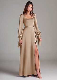Azazie Leonia Brautjungfernkleider A-Linie Langarm Stretch-Satin Kleid Taupe image3