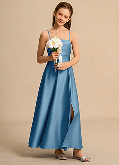 Azazie Pebbles Junior Formal Jurken voor bloemenmeisjes A-Lijn Jurk van Mat Satijn Geplooid Staal Blauw image7