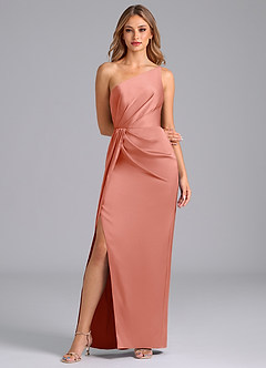 Azazie Naria Bridesmaid Dresses Coral Sheath One Shoulder Stretch Satin Dress image3