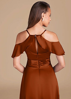 Azazie Dakota Bridesmaid Dresses Auburn A-Line Off the Shoulder Metallic Satin Dress image5