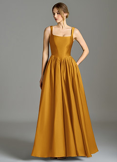 Azazie Verina Abiti da Damigella Abito A-Line in Raso Elasticizzato Plissettato Caramello image1