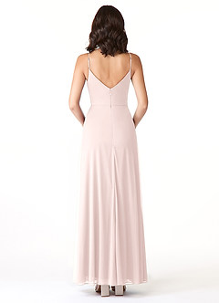 Azazie Evalin Bridesmaid Dresses Blushing Pink A-Line V-Neck Pleated Mesh Dress image2