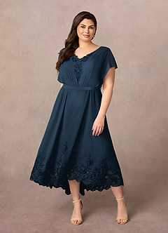Azazie Palana At-home Try On Dresses Dusty Blue A-Line Lace Chiffon Dress image7