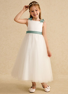 Azazie Lilli Blumenmädchenkleider A-Linie Schleifen Tüll Kleid Elfenbein Silber Salbei image5