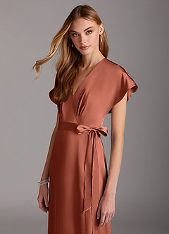 Azazie Nico Robes de demoiselle d'honneur Robe Trapèze en Satin extensible Col en V Argile image5