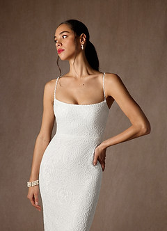Azazie Kat At-home Try On Dresses Diamond White Sheath Straight Lace Lace Dress image5