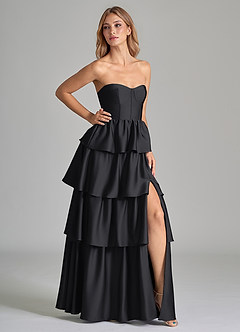 Azazie Faye Bridesmaid Dresses Black A-Line Ruched Stretch Satin Dress image1