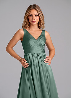 Azazie Keyla Bridesmaid Dresses Eucalyptus A-Line Pleated Stretch Satin Dress image3