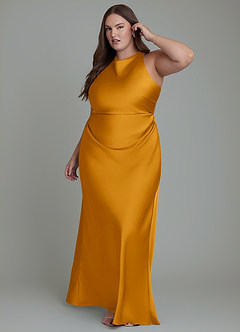 Azazie Evadne Bridesmaid Dresses Butterscotch Sheath Pleated Stretch Satin Dress image11