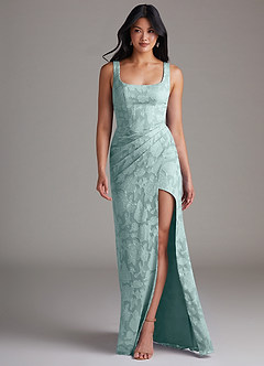 Azazie Mero Bridesmaid Dresses Mist Sheath Pleated Floral Burnout Dress image4