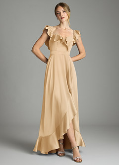 Azazie Lyra Bridesmaid Dresses Gold A-Line Off the Shoulder Stretch Satin Convertible Dress image3