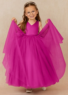 Azazie Marybell Flower Girl Dresses Fuchsia A-Line Bow Tulle Dress image3