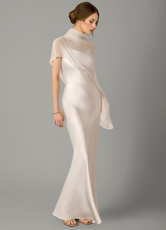 Azazie Jaleesa Bridesmaid Dresses White Alabaster A-Line High Neck Stretch Satin Dress image3