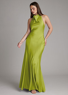 Azazie Sahara Final Sale Agave A-Line Pleated Stretch Satin Dress image6