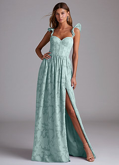 Azazie Denisse Vestidos de damas de honor Vestido de Neblina de Devorado Floral de Corte en A con Volante image1