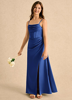 Azazie Lexy Girls Formal Flower Girl Dresses Royal Blue A-Line Pleated Stretch Satin Dress image3