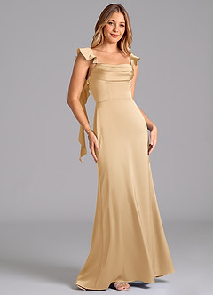 Azazie Adi Bridesmaid Dresses Gold A-Line Pleated Stretch Satin Dress image5