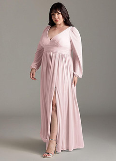 Azazie Norah Bridesmaid Dresses Blushing Pink A-Line V-Neck Long Sleeve Chiffon Dress image11
