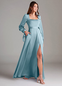 Azazie Leonia Bridesmaid Dresses Moody Blue A-Line Long Sleeve Stretch Satin Dress image4