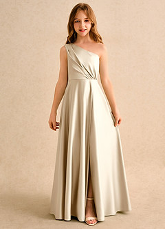 Azazie Puddles Junior Formal vestidos de niña de las flores Vestido de Champán de Satin Mate de Corte en A con Hombro unilateral image4