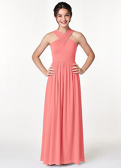 Azazie Jiya Junior Coral A-Line Pleated Mesh Dress image4