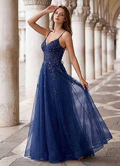 Azazie 2026 Sexy Lace Up Beading A-Line Prom Dress Navy Gown