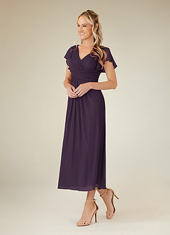 Azazie Vera Mother of the Bride Dresses Plum A-Line V-Neck Pleated Mesh Dress image2