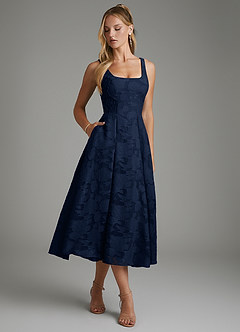 Azazie Isabella Bridesmaid Dresses Dark Navy A-Line Corset Floral Burnout Dress image4