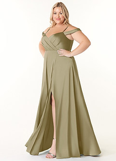 Azazie Ocean Bridesmaid Dresses Moss Green A-Line V-Neck Pleated Stretch Satin Dress image8