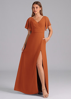 Azazie Ambrosia Bridesmaid Dresses Cinnamon A-Line Pleated Chiffon Dress image3