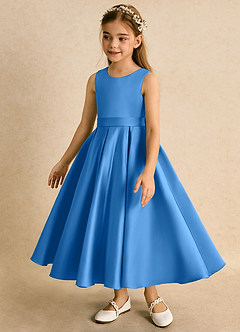 Azazie Junebuj Flower Girl Dresses Blue Jay Ball-Gown Pleated Matte Satin Dress image3