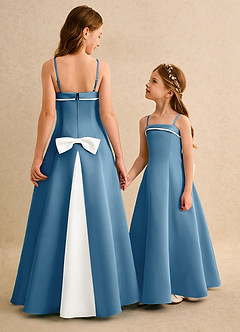 Azazie Izel Girls Formal Flower Girl Dresses Ivory Steel Blue A-Line Pleated Matte Satin Dress image1
