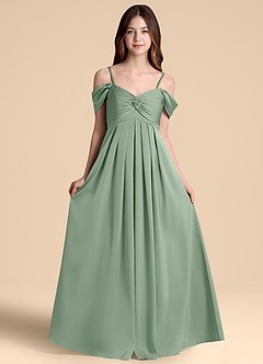 Azazie Kaitlynn Junior Abito A-Line in Raso Elasticizzato a Spalla Scoperta Matcha image6