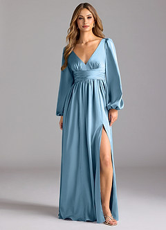 Azazie Norah Bridesmaid Dresses Steel Blue A-Line Stretch Satin Dress image1