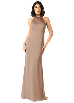 Azazie x Delaney Bridesmaid Dresses Taupe Sheath High Neck Stretch Satin Dress image1