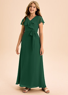 Azazie Lainey Junior Vestido de Verde Oscuro de Gasa de Corte En A con Con bolsillos image4