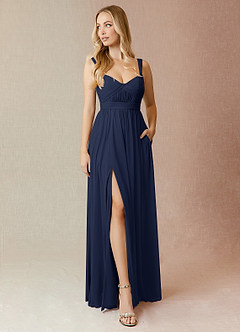 Azazie Reniya Bridesmaid Dresses Dark Navy A-Line Pleated Mesh Convertible Dress image1