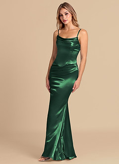 Azazie Sorrel Abiti da Damigella Abito Convertibile Sirena in Raso Metallizzato Corsetto Verde Scuro image4